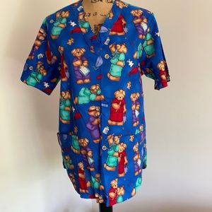 New Apple Life Scrub Top M Nurse Bear Medical Uniform Work Shirt V Neck Blue
